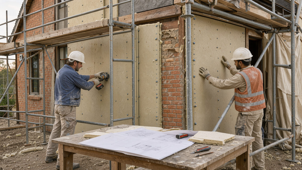Maison en rénovation avec isolation extérieure, échafaudage, plans de chantier et deux artisans au travail.