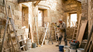 Un artisan inspecte la façade et les murs d'une maison ancienne en rénovation, entouré d'outils de chantier à la lumière naturelle.