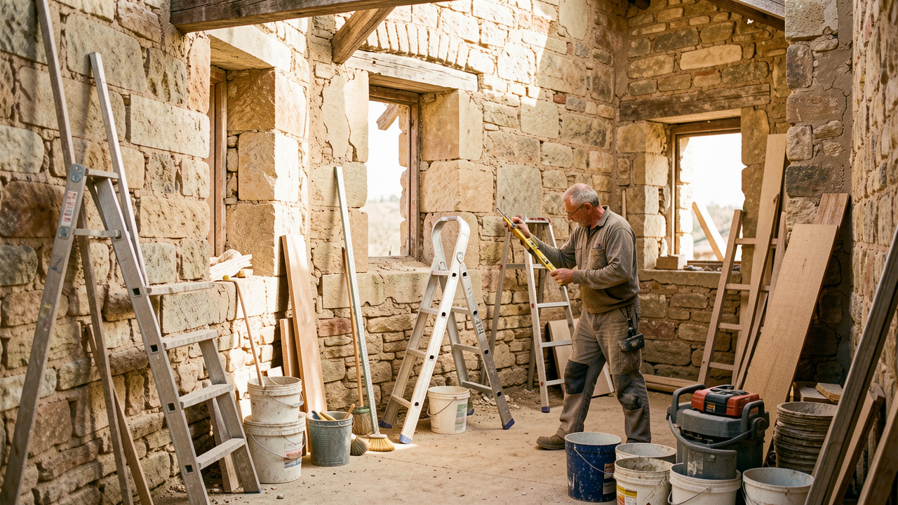 Un artisan inspecte la façade et les murs d'une maison ancienne en rénovation, entouré d'outils de chantier à la lumière naturelle.