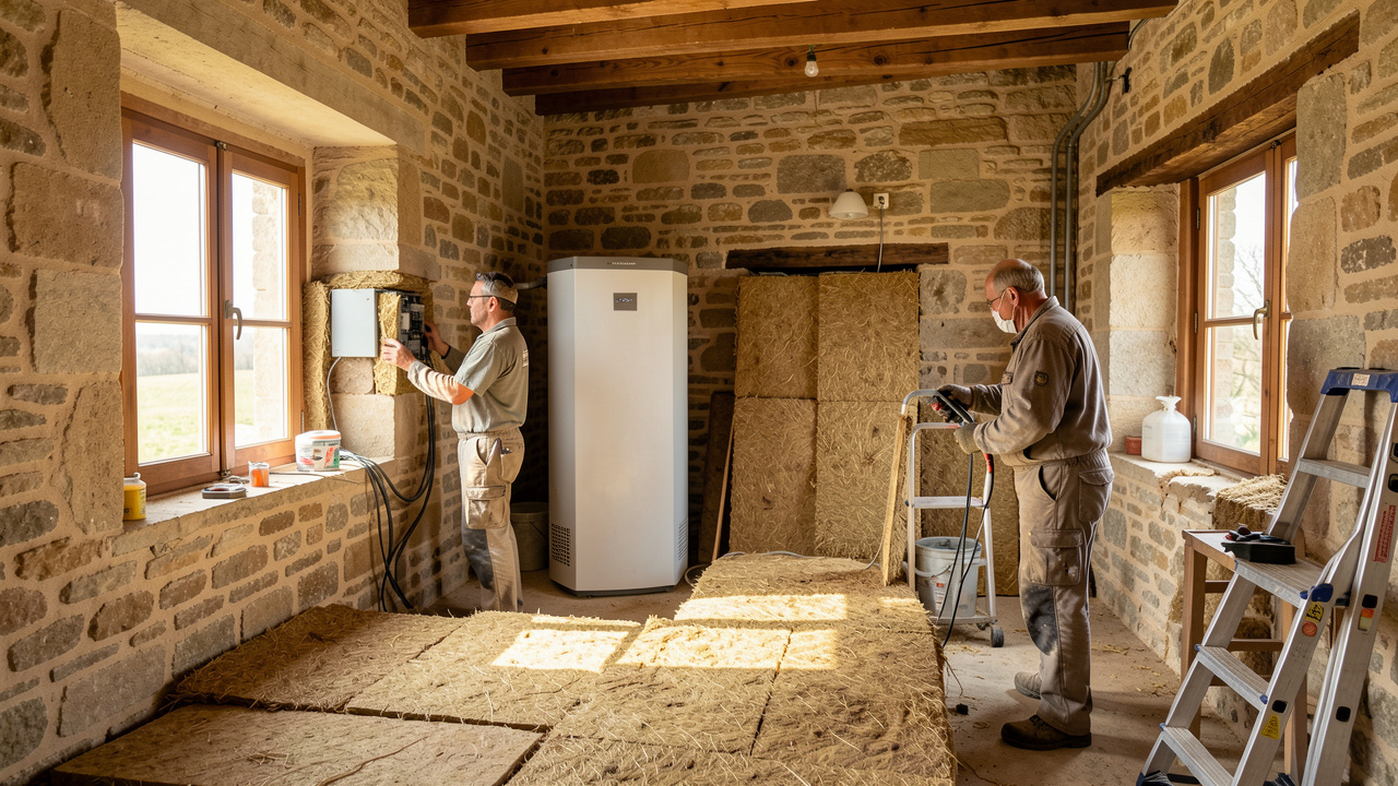 Maison girondine en rénovation énergétique avec deux artisans, isolation naturelle et équipements modernes éclairés par la lumière du jour.