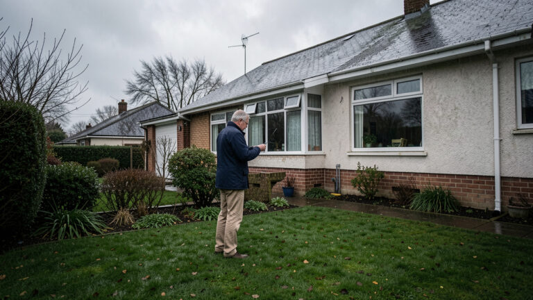 Un propriétaire inspecte l’extérieur d’une maison individuelle sous un ciel couvert avant la pluie.