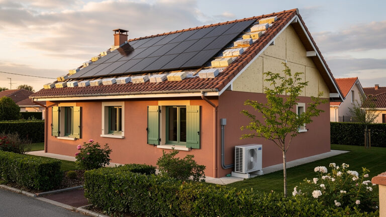 Maison individuelle près de Lyon en rénovation énergétique, avec isolation de toiture, unité extérieure de pompe à chaleur et panneaux photovoltaïques.