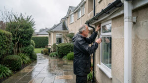 Un homme inspecte les gouttières et la façade d’une maison individuelle depuis le jardin sous la pluie.