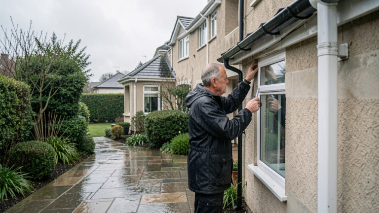 Un homme inspecte les gouttières et la façade d’une maison individuelle depuis le jardin sous la pluie.