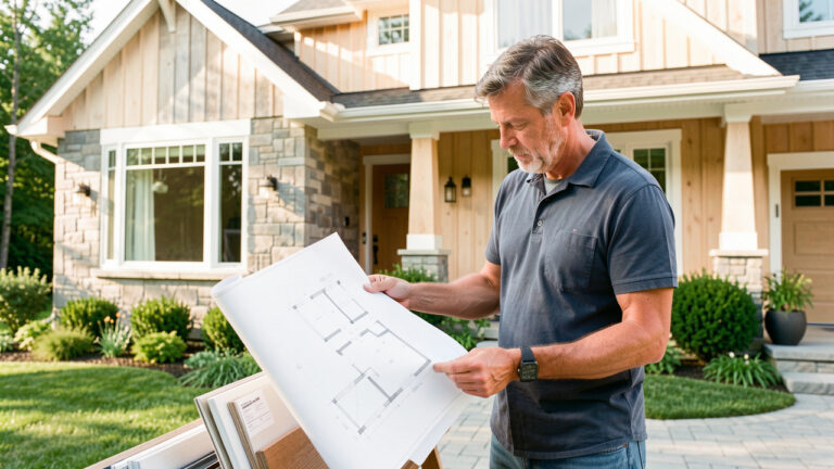 Entrepreneur examinant des plans vierges et des matériaux devant la façade lumineuse d’une maison québécoise en rénovation.