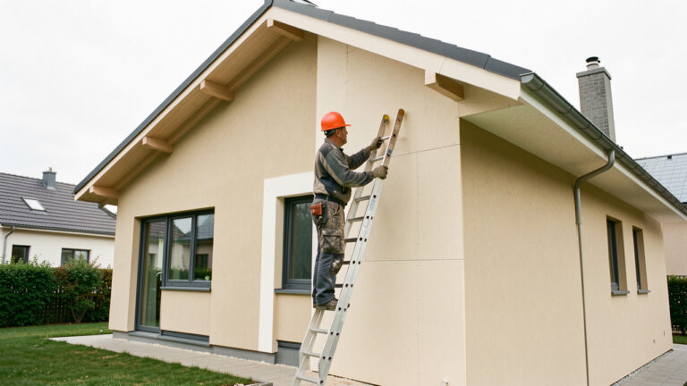 Maison moderne en rénovation énergétique avec isolation extérieure, un artisan sur une échelle et une toiture contemporaine éclairée par la lumière naturelle.