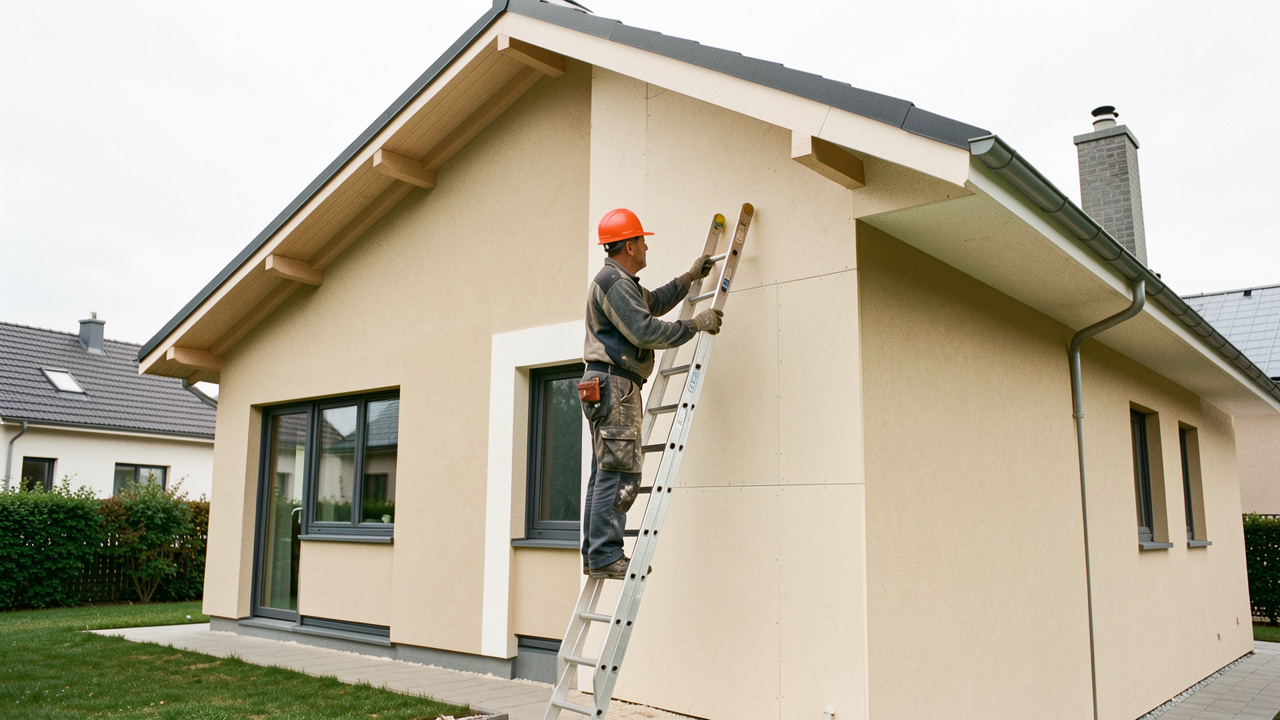 Maison moderne en rénovation énergétique avec isolation extérieure, un artisan sur une échelle et une toiture contemporaine éclairée par la lumière naturelle.
