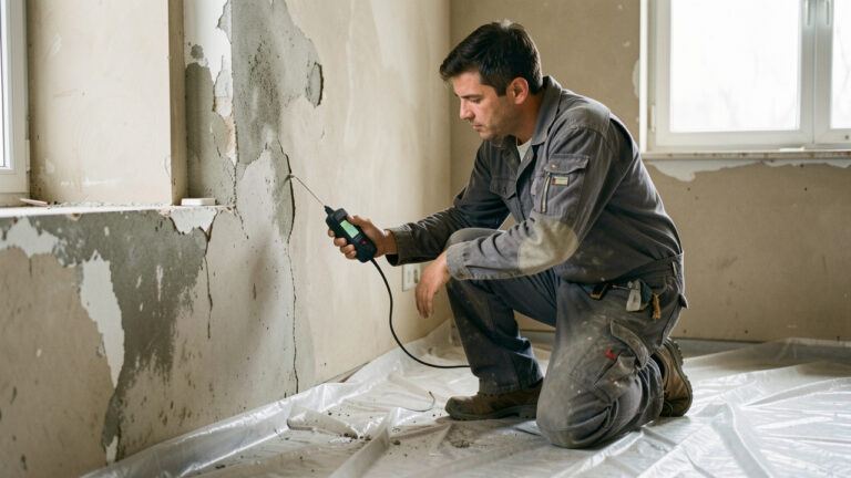 Pièce en rénovation avec un mur humide, le sol protégé par une bâche et un artisan inspectant les dégâts des eaux.