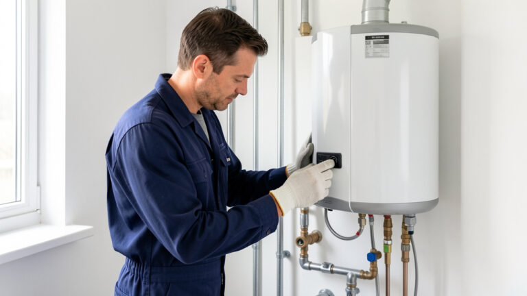 Un plombier inspecte soigneusement les canalisations et le chauffe-eau d’une installation domestique propre dans un local technique lumineux.