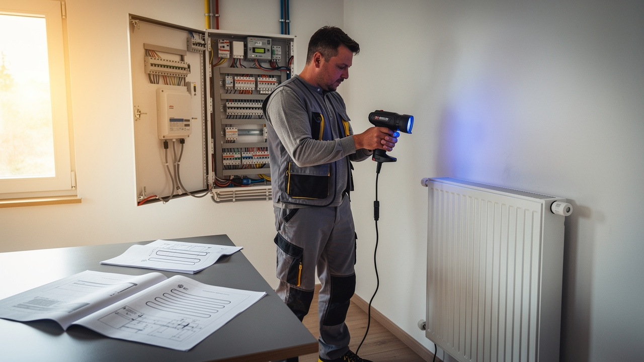 Un technicien examine les déperditions de chaleur d’une maison avec une caméra thermique, des plans de chauffage vierges et un tableau électrique dans le cadre d’un projet solaire.
